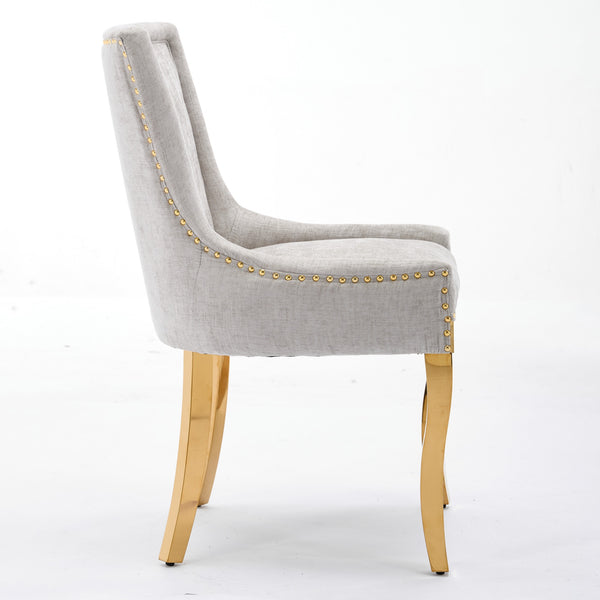 English Elm Chenille Modern Dining Chair with Curved Gold-Plated Legs, Rivet Trim, Textured Upholstery Comfort Beige W1143P332684
