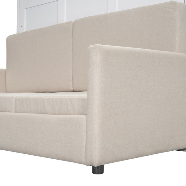 English Elm Queen Murphy Bed with Linen Cushion Sofa Folds Flat for Studio or Guest Room White LP000891AAK-1