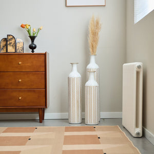 English Elm Floor Metal Vases Set Of 3 - Modern Gold & White Decorative Cylindrical Vases For Elegant Interiors W2796P255615