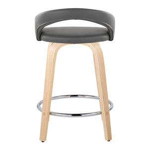 English Elm Fixed-height Swivel Counterstools Natural Wood Frame Grey Faux Leather Chrome Footrest Pair B202S01757