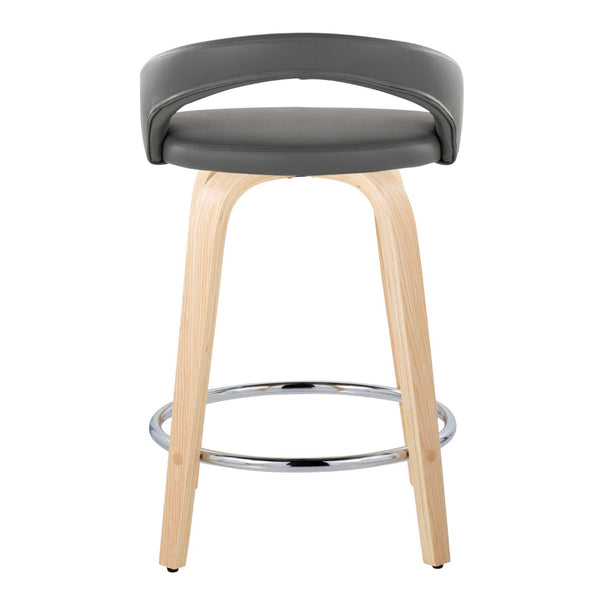 English Elm Fixed-height Swivel Counterstools Natural Wood Frame Grey Faux Leather Chrome Footrest Pair B202S01757