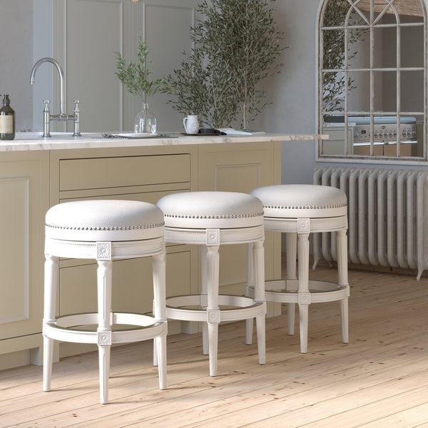 English Elm 31in. Swivel Barstool Faux Leather Seat Nailhead Trim Carved Walnut Frame Kitchen Bar White B2751P436437