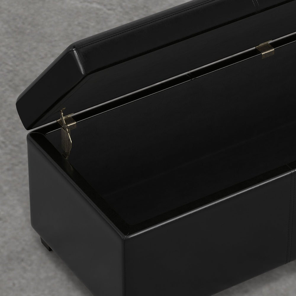 English Elm Lincoln Extra Large Storage Ottoman Bench - Midnight Black Vegan Leather, Stitched, Durable Wood, Safe Hinge Seating 55" B2732P253622