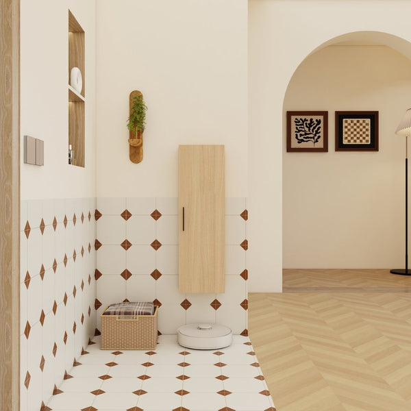 English Elm 12" Wall-mounted Oak Plywood Bathroom Linen Cabinet Slim Floating Single Door Storage W3450P440605