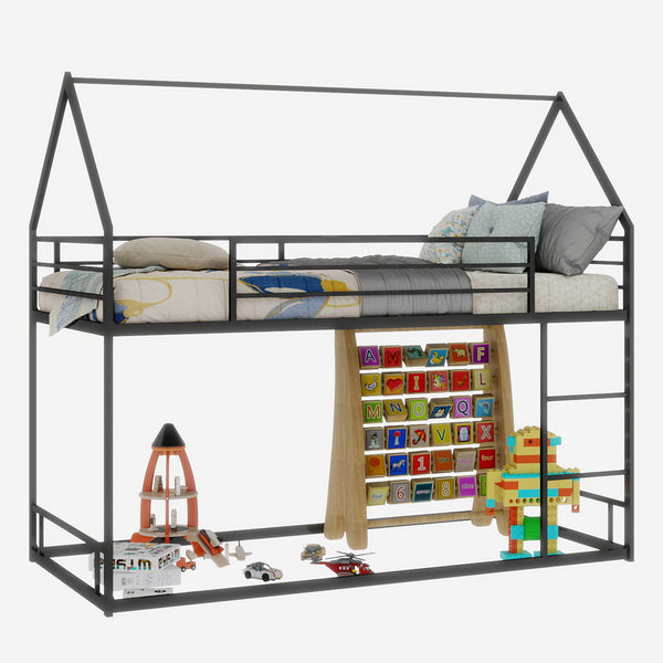 English Elm Metal Twin over Twin Bunk Bed Sturdy Heavy-Duty Frame with Silent Slats, 13" Guardrail & Ladder Black W1935P330797