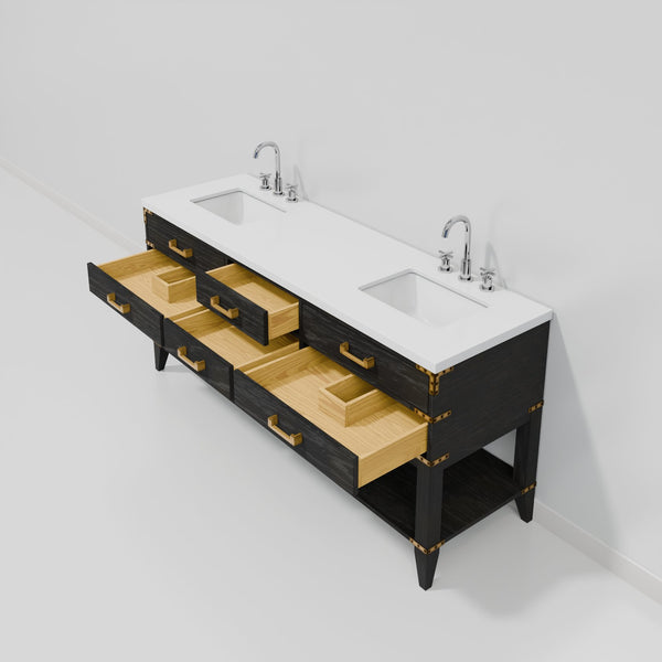 English Elm Black Oak Double Bath Vanity With White Quartz Top & Chrome Faucet Set – Stylish Storage Solution! B2731P261055