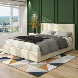 English Elm Same Anna Patented 2-Drawer Queen Storage Bed In Ivory Velvet - Modern Wingback Design With Support B191P191592-GIGA