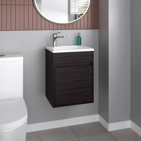 English Elm Furman Compact Floating Bathroom Vanity with Single Door & Open Shelf, Black MDF, Space-Saving Design B200P335305