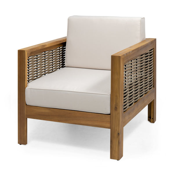English Elm Christopher Knight Home® - Set of 2 Acacia Wood Outdoor Club Chairs with Wicker Accents, Water-Resistant Cushions, Durable Finish Brown+Beige 68942.00BGE-2