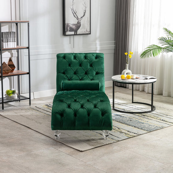 English Elm Velvet Curved Chaise Lounge Sofa with Button-Tufted Back, Thick Foam Comfort and Acrylic Legs for Living Room Relaxation Emerald W39538677