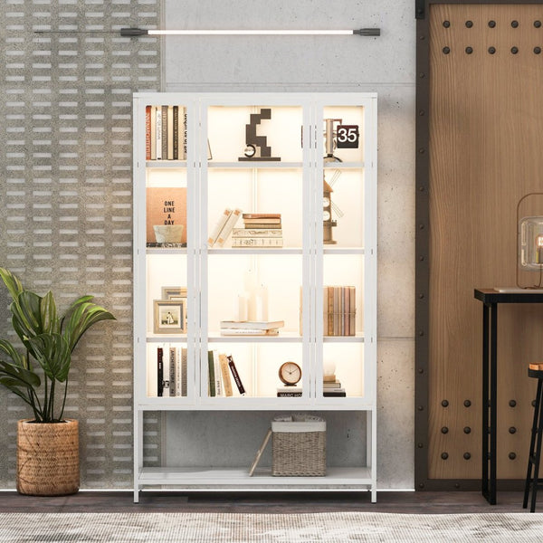 English Elm 67.25'' Tall Steel Curio Cabinet with Led Lighting and Tempered Glass Panels White SN845P263995W