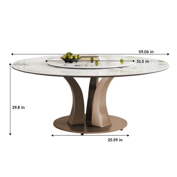 English Elm 59" Round Dining Table With Lazy Susan & Heat-Resistant Sintered Stone Top For Modern Spaces W2699S00045