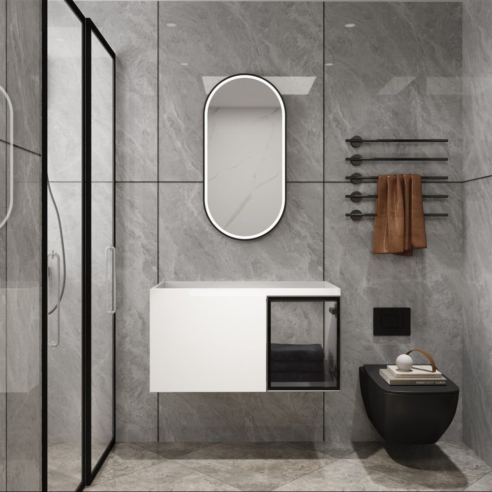 English Elm 36" Floating Bathroom Vanity Glossy White Frosted Glass Soft Close Plywood Cabinet W999P387170