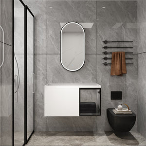 English Elm 36" Floating Bathroom Vanity Glossy White Frosted Glass Soft Close Plywood Cabinet W999P387170