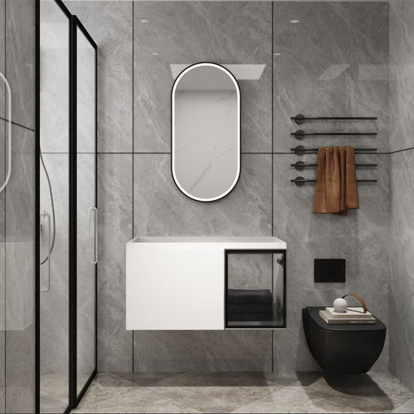 English Elm 36" Floating Bathroom Vanity Glossy White Frosted Glass Soft Close Plywood Cabinet W999P387170