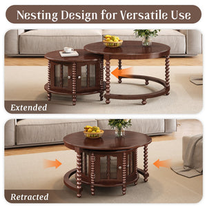 English Elm Vintage Walnut Nesting Coffee Table with Bamboo-Style Glass Doors, Retro Beaded Legs, Space-Saving Design N735P305623D
