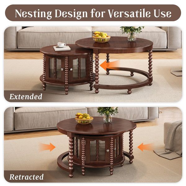 English Elm Vintage Walnut Nesting Coffee Table with Bamboo-Style Glass Doors, Retro Beaded Legs, Space-Saving Design N735P305623D
