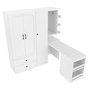 English Elm Multifunctional Wardrobe Cabinet with Fold Out Desk Hanging Rod and Storage Drawers Light White W1580S00475