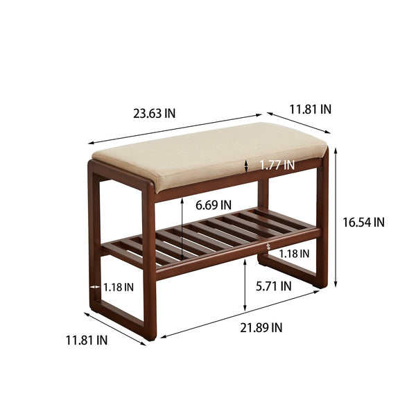 English Elm (Walnut Color) Solid Wood Shoe Bench with Memory Foam Cushion, 2-Tier Oak Storage Rack, 300lb Capacity and Sleek Entryway Organizer W1283P242717