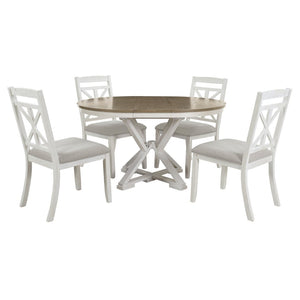 English Elm Trexm Retro Extendable Round Dining Set with Four Linen Upholstered Chairs Rubberwood Brown + Antique White ST000141AAD-2026