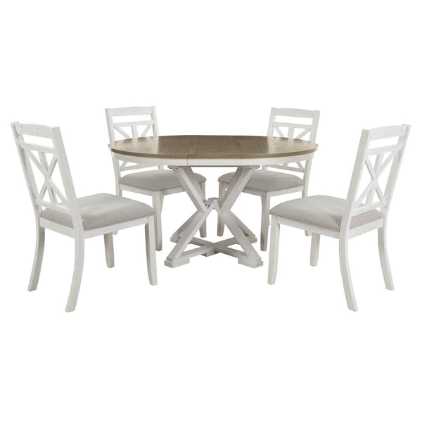 English Elm Trexm Retro Extendable Round Dining Set with Four Linen Upholstered Chairs Rubberwood Brown + Antique White ST000141AAD-2026