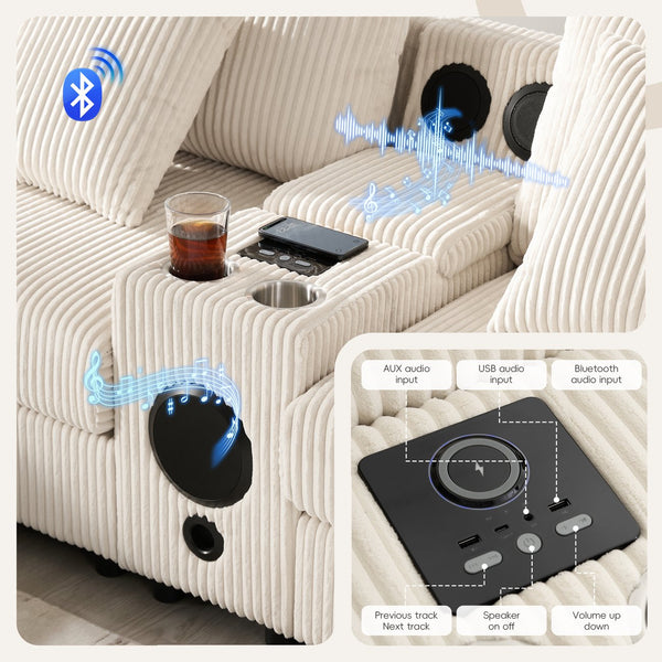 English Elm 141.5*64'' Corduroy Sofa Modular U-Sectional with Bluetooth Speakers, Console, USB Charging, Storage, Ottoman, 6-Seater Comfort N723S0756A
