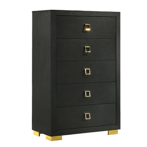 English Elm Modern Sleek 5-Drawer Chest with Gold Square Pulls and Metal Bracket Legs for Luxe Bedroom Storage Black 19 L x 34 W x 52 H B2741P370836