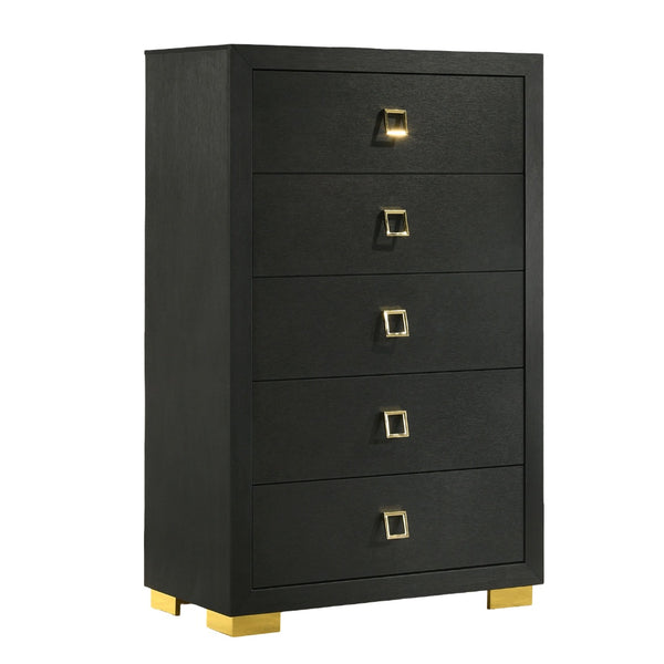 English Elm Modern Sleek 5-Drawer Chest with Gold Square Pulls and Metal Bracket Legs for Luxe Bedroom Storage Black 19 L x 34 W x 52 H B2741P370836