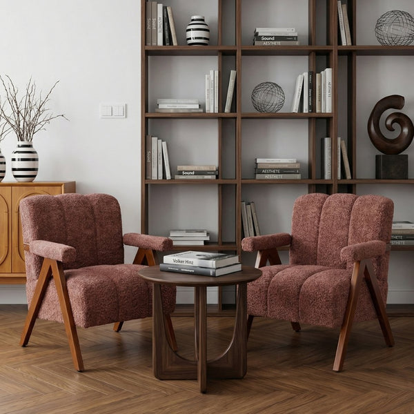 English Elm Mid-century Modern Chenille Lounge Chair Set Oak Frame Cloud Silhouette Living Room Rust Red W1170S00049