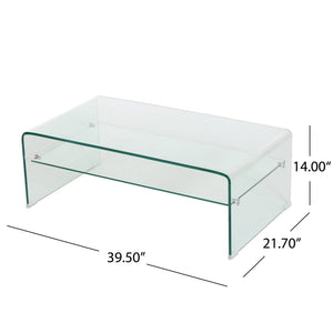 English Elm Christopher Knight Home® - COFFEE Bent 12mm Tempered Glass Table with 8mm Shelf — Clear Green-Tint Modern Sculptural Centerpiece 57673.00