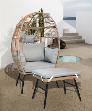 English Elm Outdoor Garden Wicker Egg Chair with Ottoman, Ergonomic Lumbar Support, Thick Weatherproof Cushions W2337P151815