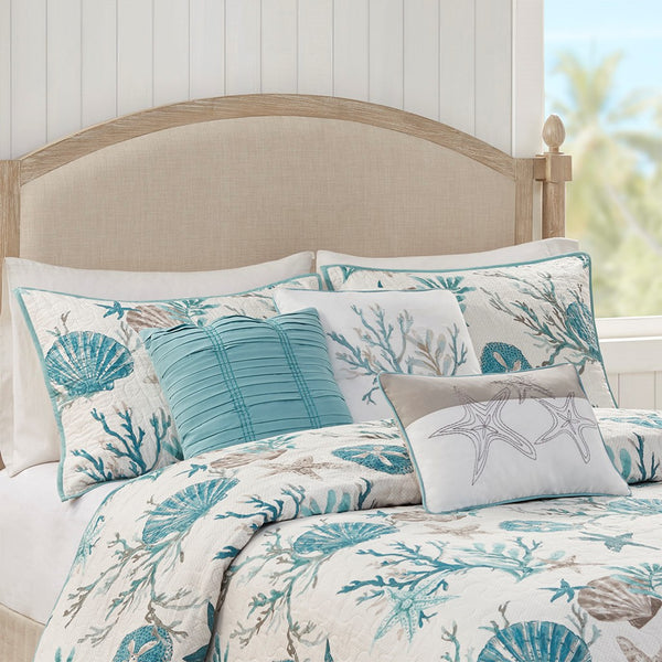English Elm 6 Piece Cotton Sateen Quilt Set - Coastal Aqua Design With Decorative Pillows For King/Cal King Beds B03597653