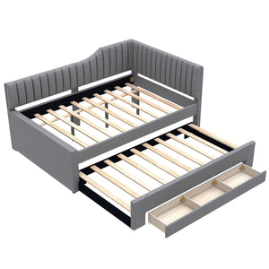 English Elm Full Upholstered Daybed with Trundle and Three Drawers, Linen-Blend Fabric, Space-Saving Guest Bed, Storage-Friendly Design Gray DL002058AAE