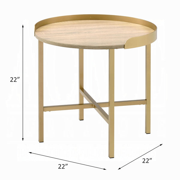English Elm Modern Round Coffee Table with Cross-Bar Metal Base and Chic Metallic Finish for Elegant Living Spaces Gold,Oak 26 L x 26 W x 7 H B2741P337026