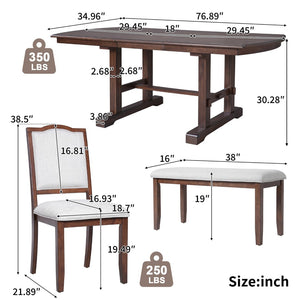 English Elm 6-piece Extendable Wood Dining Set with Linen Upholstered Chairs Bench Seats Eight Cherry N752S000097C