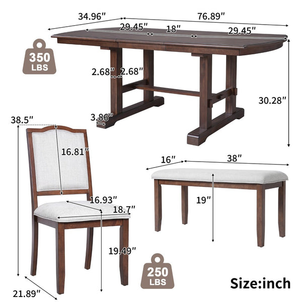 English Elm 6-piece Extendable Wood Dining Set with Linen Upholstered Chairs Bench Seats Eight Cherry N752S000097C