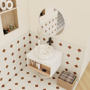 English Elm 24" Floating Bathroom Vanity White Oak Open Shelf Ceramic Vessel Sink Modern Bath W3450S00053