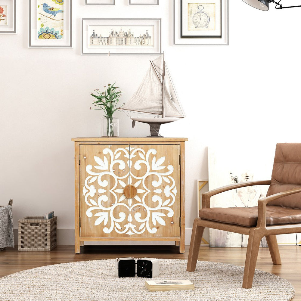 English Elm Rustic Wooden Accent Cabinet with Floral Carved Doors, Antique Brown White, Sturdy 2-Door Storage for Entryway, Dining Room, Living Room W2295P365012