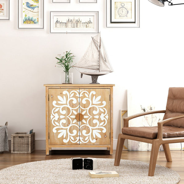 English Elm Rustic Wooden Accent Cabinet with Floral Carved Doors, Antique Brown White, Sturdy 2-Door Storage for Entryway, Dining Room, Living Room W2295P365012