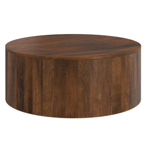 English Elm Millbury Solid Mango Wood Round Coffee Table Rustic Drum Design for Living Room Walnut Brown B136P429105