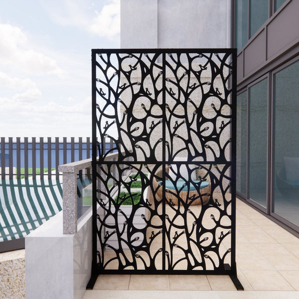 English Elm Metal Bird Cutout Privacy Screen Freestanding Powder Coated Steel Patio Room Divider Black W1586P282265