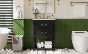 English Elm 24'' Vintage Bathroom Vanity with Ceramic Sink Soft Close Drawers Open Shelf Black N710P411237B