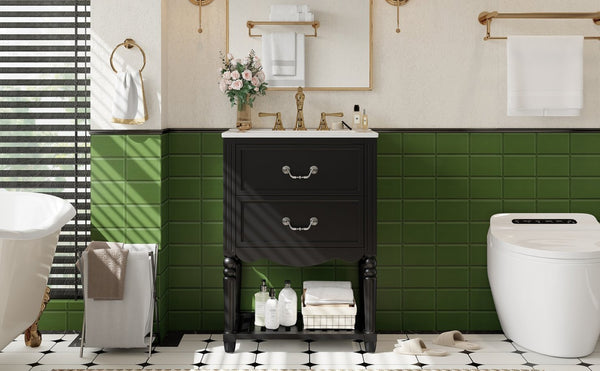 English Elm 24'' Vintage Bathroom Vanity with Ceramic Sink Soft Close Drawers Open Shelf Black N710P411237B