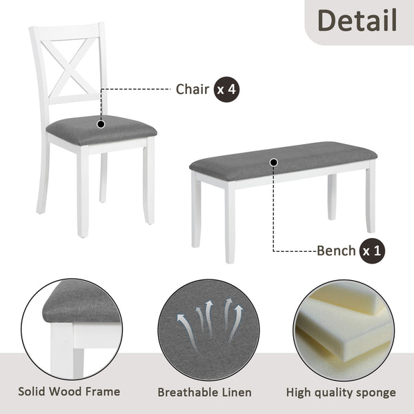 English Elm 6-Piece Modern Farmhouse Dining Table Set With Bench & Chairs, Grey & White, Comfortable Seating W1998S00064