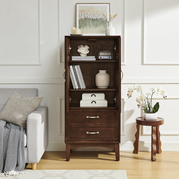 English Elm 53.5" Tall Kitchen Pantry Cabinet with Geometric Mid-Century Design, Solid Wood Base, Adjustable Shelves Walnut W1801P369066