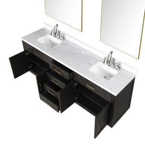 English Elm Brown Oak Double Bath Vanity With Carrara Marble Top, Mirrors & Faucet Set For Elegant Upgrades B2731S01814