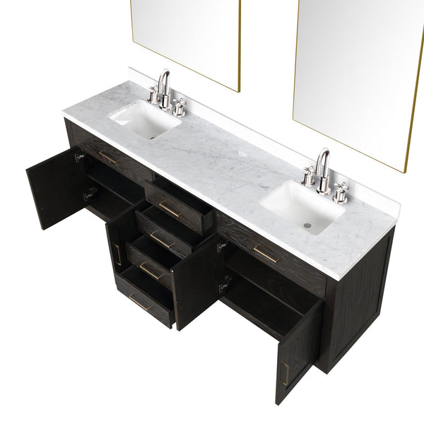 English Elm Brown Oak Double Bath Vanity With Carrara Marble Top, Mirrors & Faucet Set For Elegant Upgrades B2731S01814