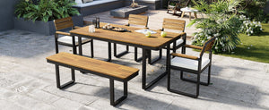 English Elm 6-piece Outdoor Acacia Wood Patio Dining Set with Cushioned Chairs Bench Steel Frame Beige N704G201255A