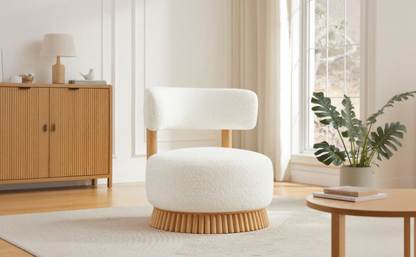 English Elm Modern Boucle Upholstered Armless Accent Chair Set with Thatched Wood Base for Living Room Beige N760S0000036A