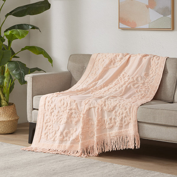 JLA Home Madison Park - 100% Cotton Tufted Chenille Throw with Fringe Tassel — Lightweight, Breathable Boho Layering Accent Blush MP50N-5511